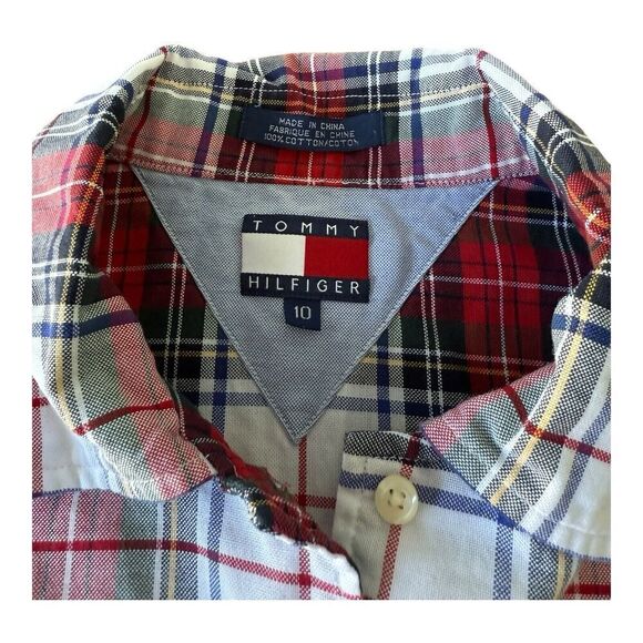 Tommy Hilfiger Shirt Womens L (10) Red White Blue Plaid Cotton Button Up Classic - Picture 5 of 9